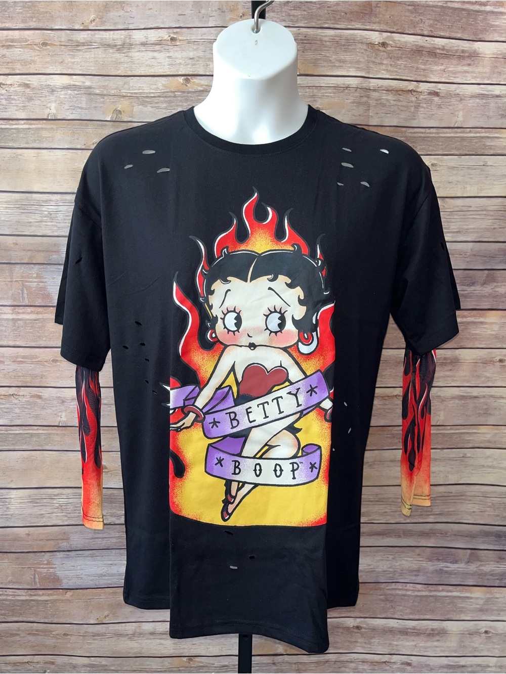 Betty Boop Black Tee with Red and Orange Flame Graphic - Size- Large